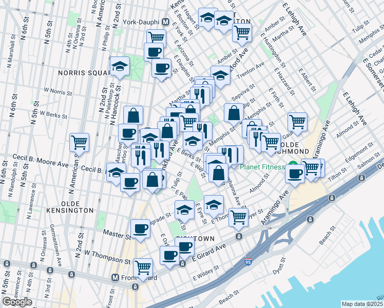 map of restaurants, bars, coffee shops, grocery stores, and more near 1629 East Berks Street in Philadelphia