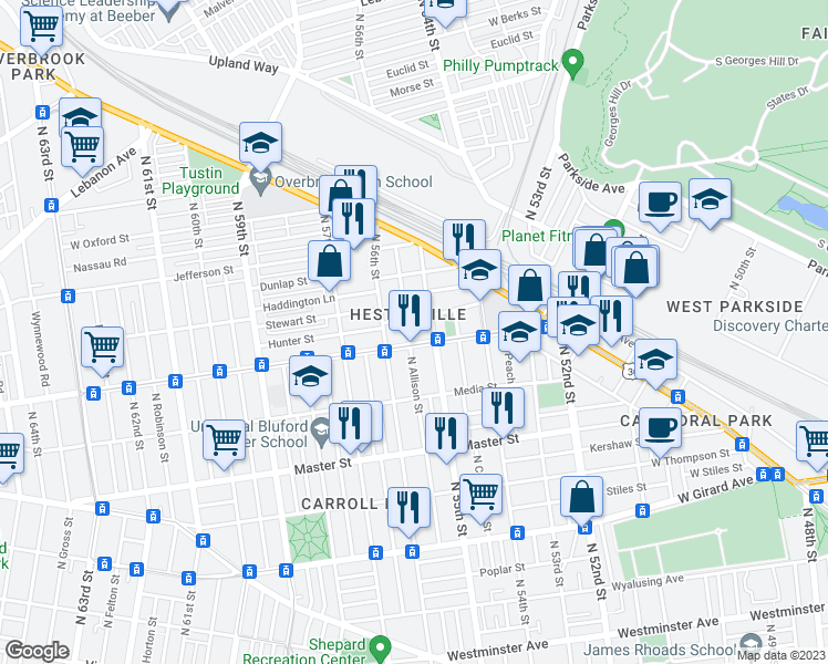 map of restaurants, bars, coffee shops, grocery stores, and more near 1613 North Allison Street in Philadelphia