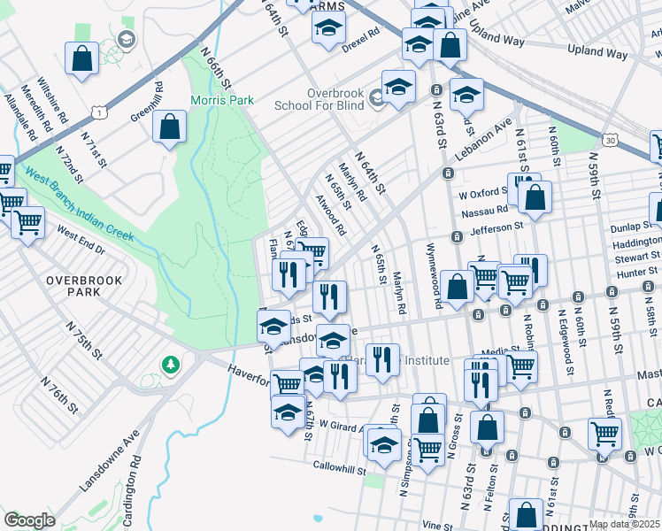 map of restaurants, bars, coffee shops, grocery stores, and more near 903 North 66th Street in Philadelphia