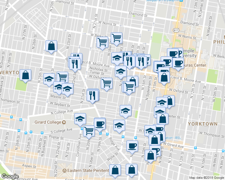 map of restaurants, bars, coffee shops, grocery stores, and more near 1445 North 19th Street in Philadelphia