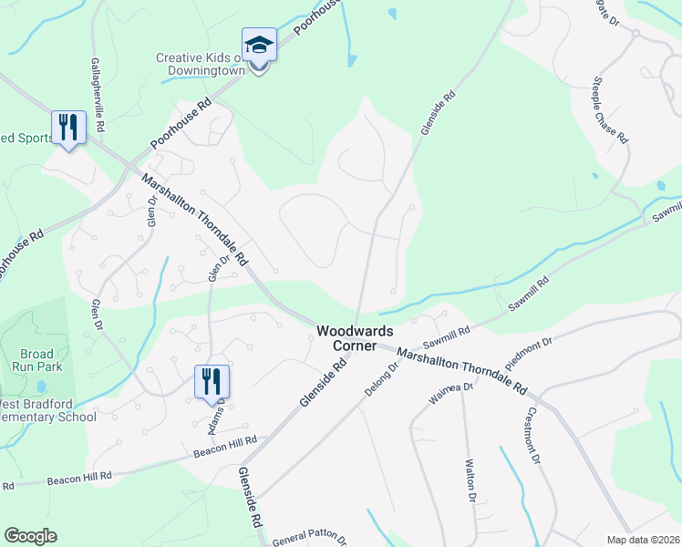 map of restaurants, bars, coffee shops, grocery stores, and more near 1235 Glenside Road in Chester County