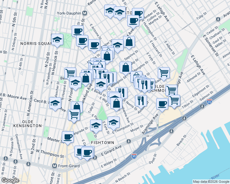 map of restaurants, bars, coffee shops, grocery stores, and more near 1530 East Susquehanna Avenue in Philadelphia