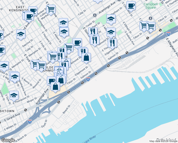 map of restaurants, bars, coffee shops, grocery stores, and more near 2663 Salmon Street in Philadelphia