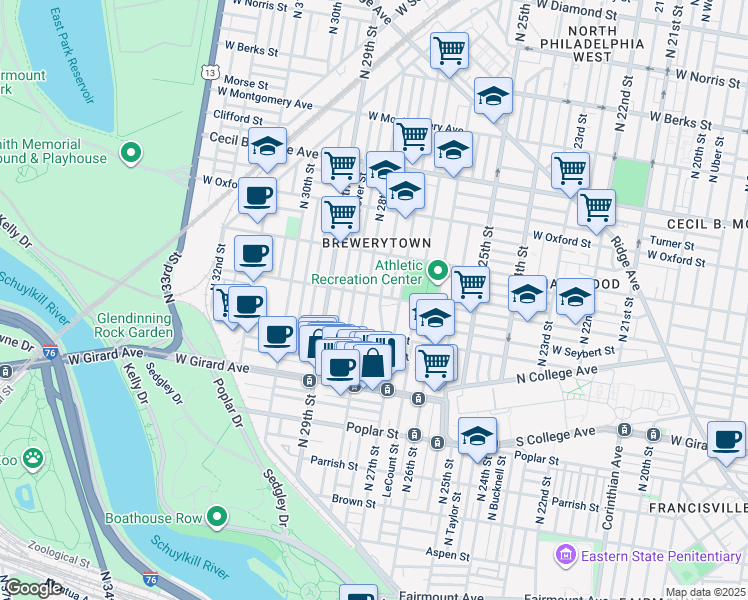 map of restaurants, bars, coffee shops, grocery stores, and more near 2732 Master Street in Philadelphia