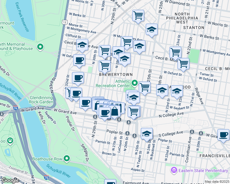 map of restaurants, bars, coffee shops, grocery stores, and more near 2732 Master Street in Philadelphia