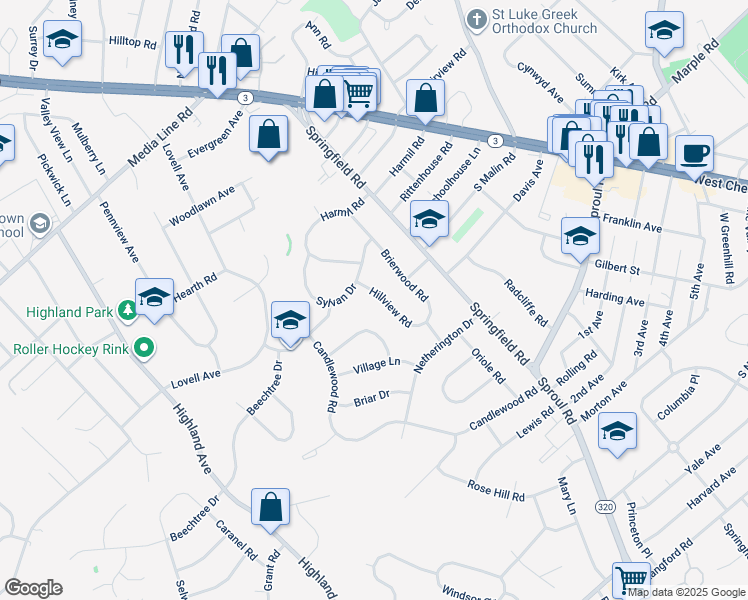 map of restaurants, bars, coffee shops, grocery stores, and more near 2736 Hillview Road in Broomall