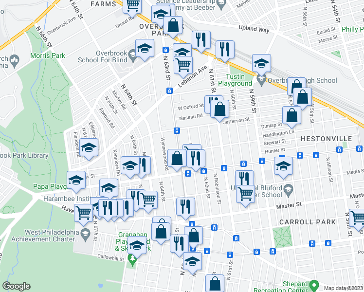 map of restaurants, bars, coffee shops, grocery stores, and more near 831 North 63rd Street in Philadelphia