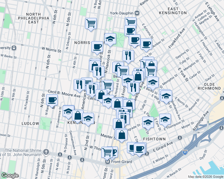 map of restaurants, bars, coffee shops, grocery stores, and more near 1739 North Howard Street in Philadelphia