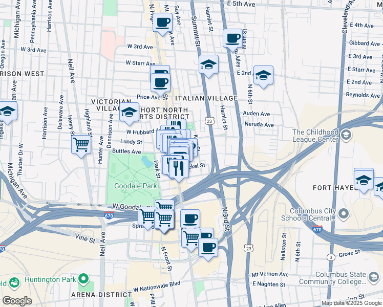 map of restaurants, bars, coffee shops, grocery stores, and more near 40 East Lincoln Street in Columbus