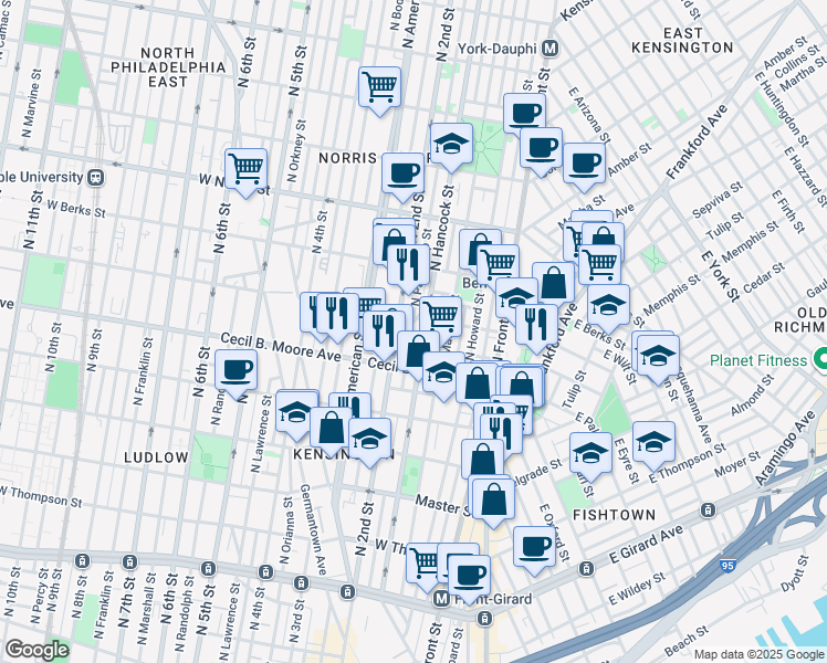 map of restaurants, bars, coffee shops, grocery stores, and more near 158 West Palmer Street in Philadelphia