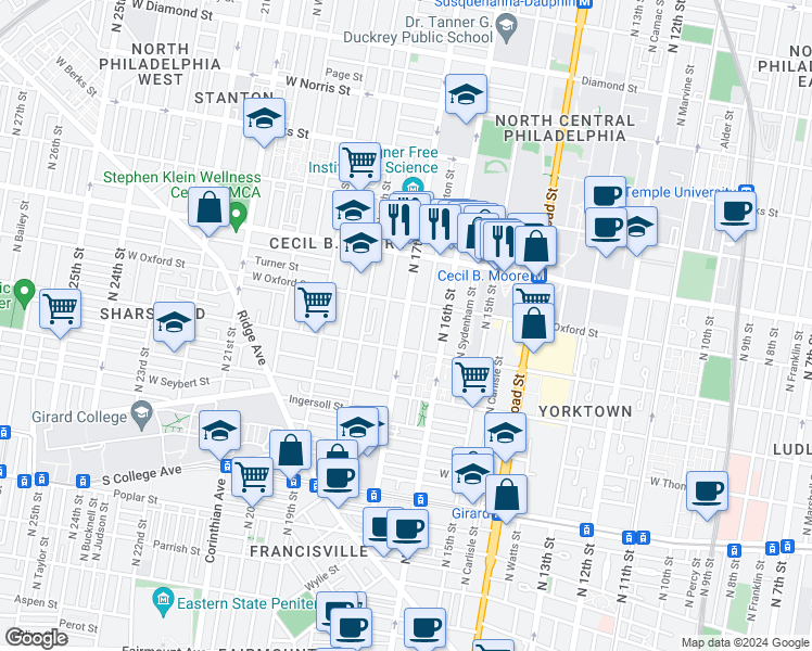 map of restaurants, bars, coffee shops, grocery stores, and more near 1521 North 17th Street in Philadelphia