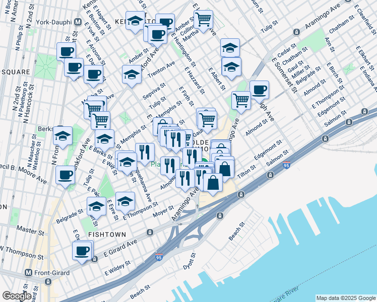 map of restaurants, bars, coffee shops, grocery stores, and more near 2529 East Boston Street in Philadelphia