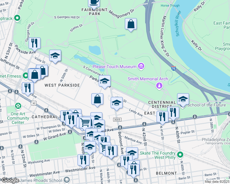 map of restaurants, bars, coffee shops, grocery stores, and more near 4292 Parkside Avenue in Philadelphia
