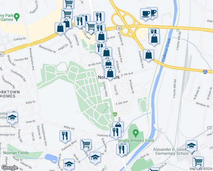map of restaurants, bars, coffee shops, grocery stores, and more near 1032 North George Street in York