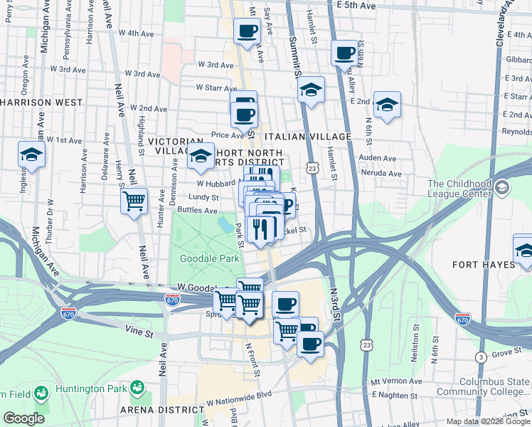 map of restaurants, bars, coffee shops, grocery stores, and more near in Columbus