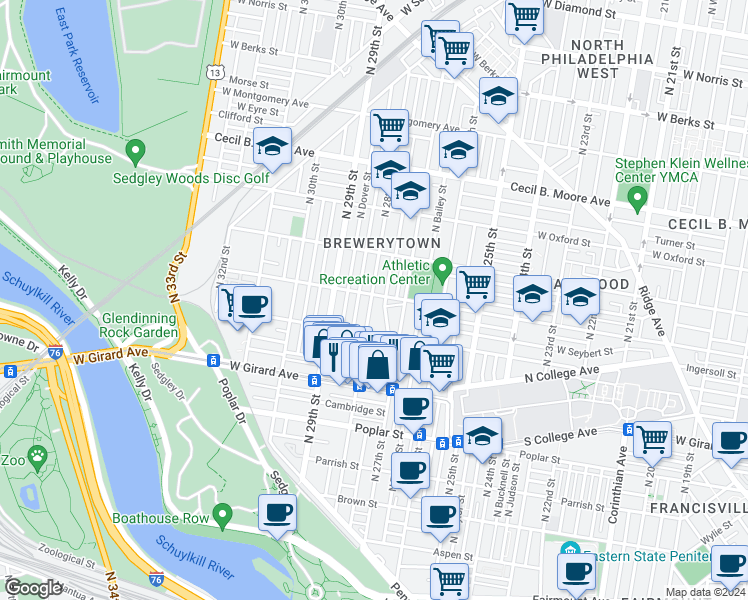 map of restaurants, bars, coffee shops, grocery stores, and more near 2740 W Master St in Philadelphia