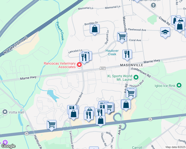 map of restaurants, bars, coffee shops, grocery stores, and more near 2507 Saxony Drive in Mount Laurel