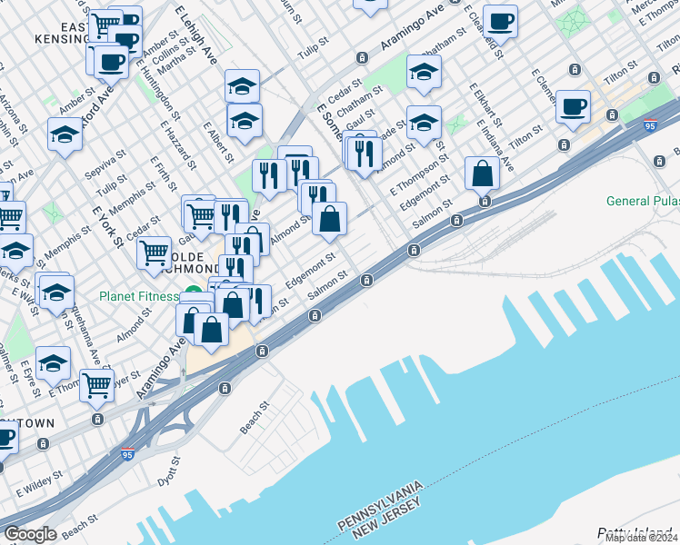 map of restaurants, bars, coffee shops, grocery stores, and more near 2663 Salmon Street in Philadelphia