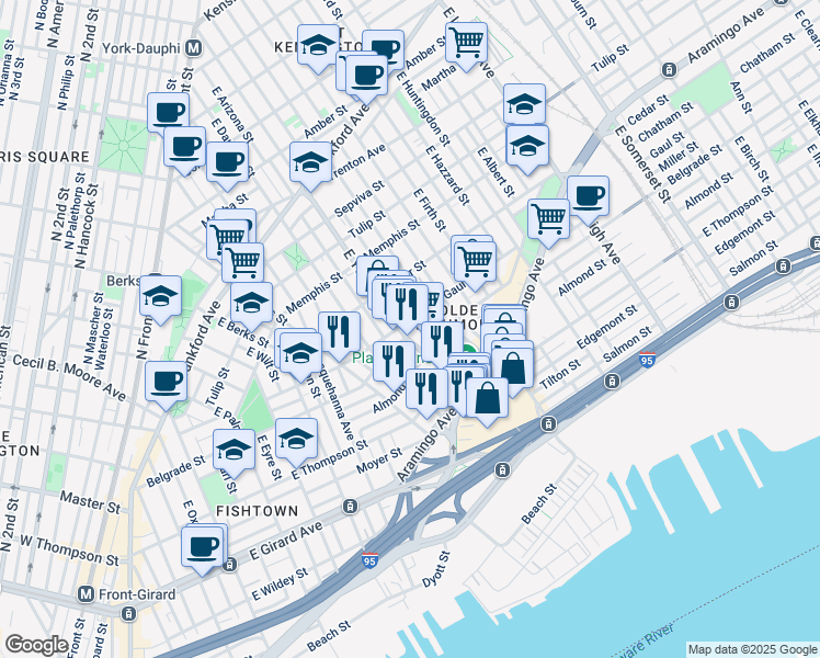 map of restaurants, bars, coffee shops, grocery stores, and more near 2507 East York Street in Philadelphia