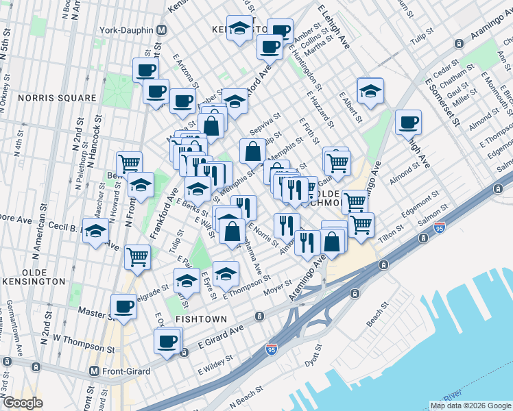 map of restaurants, bars, coffee shops, grocery stores, and more near 2437 East Dauphin Street in Philadelphia