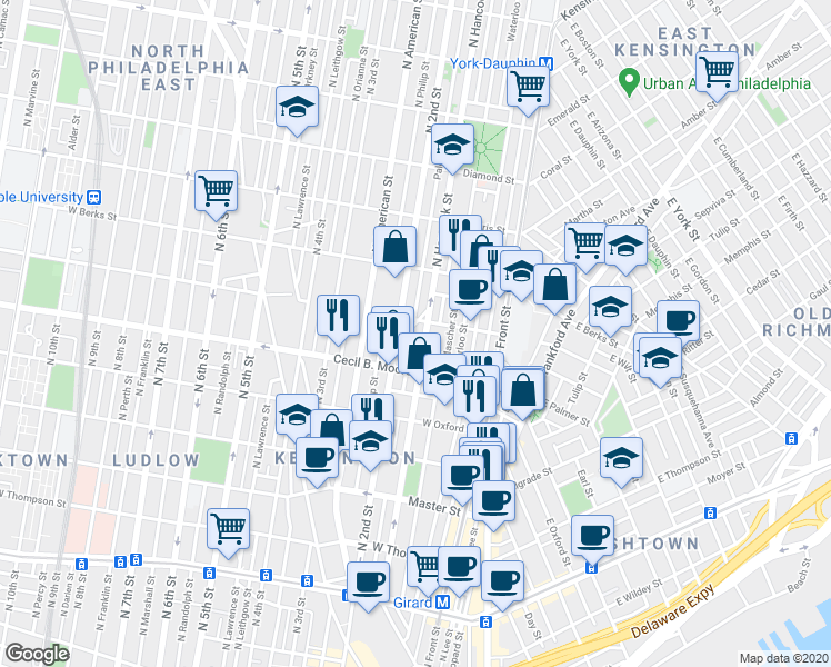map of restaurants, bars, coffee shops, grocery stores, and more near 158 West Palmer Street in Philadelphia