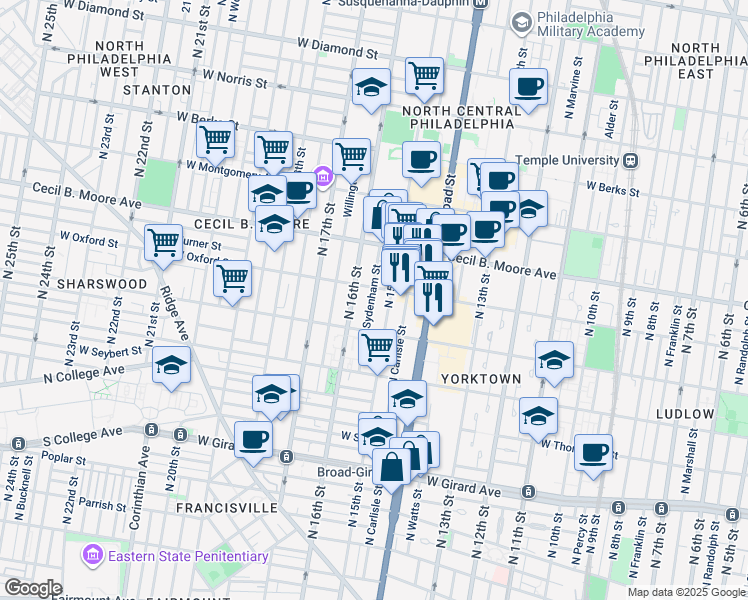 map of restaurants, bars, coffee shops, grocery stores, and more near 1516 North Sydenham Street in Philadelphia