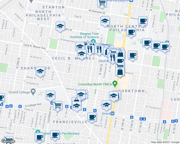 map of restaurants, bars, coffee shops, grocery stores, and more near 1684 West Jefferson Street in Philadelphia