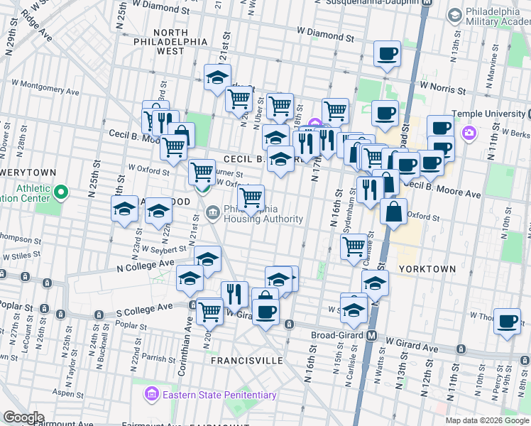 map of restaurants, bars, coffee shops, grocery stores, and more near in Philadelphia