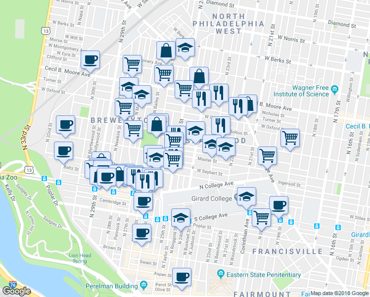 map of restaurants, bars, coffee shops, grocery stores, and more near 2410 Master Street in Philadelphia