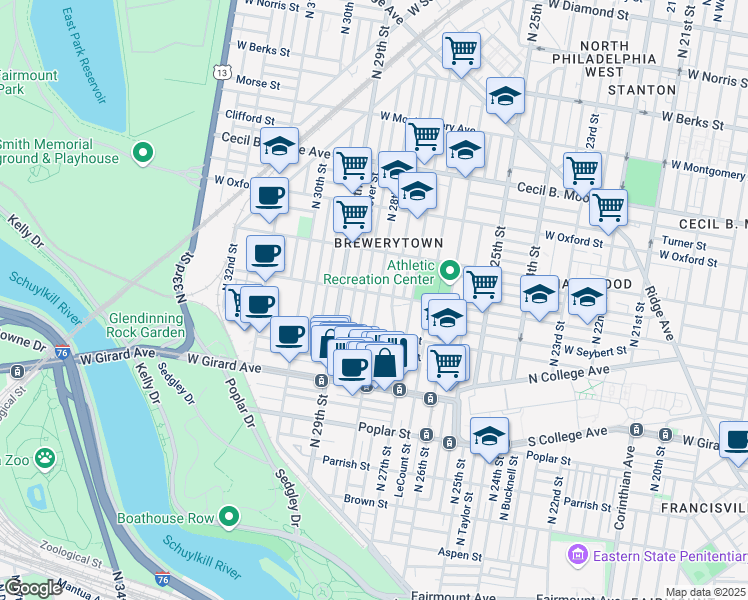 map of restaurants, bars, coffee shops, grocery stores, and more near 1314 North 28th Street in Philadelphia
