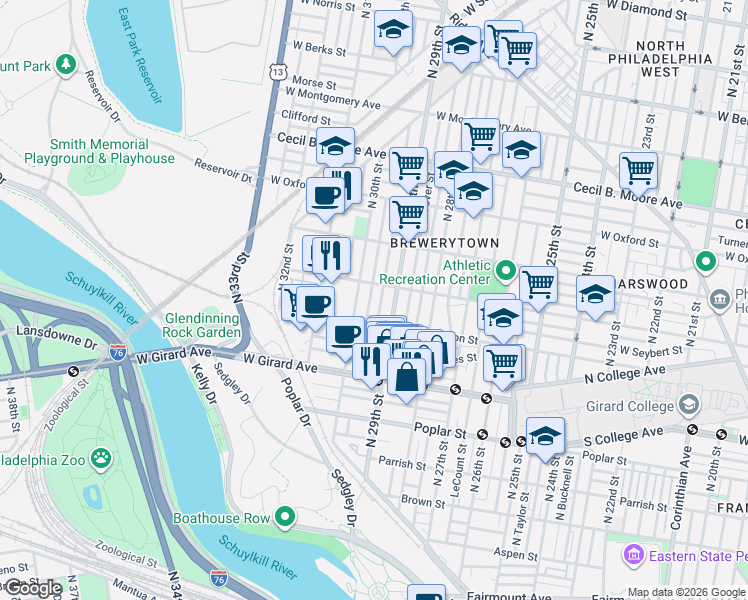 map of restaurants, bars, coffee shops, grocery stores, and more near 2940 West Thompson Street in Philadelphia