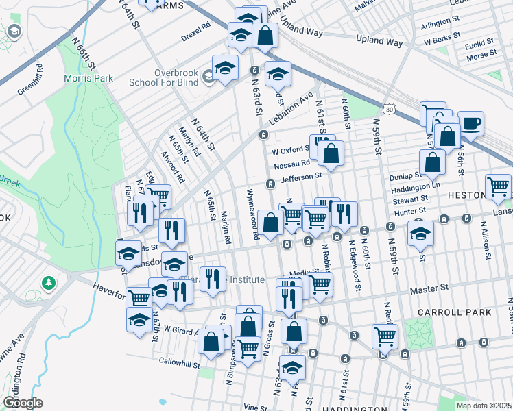 map of restaurants, bars, coffee shops, grocery stores, and more near 836 Wynnewood Road in Philadelphia