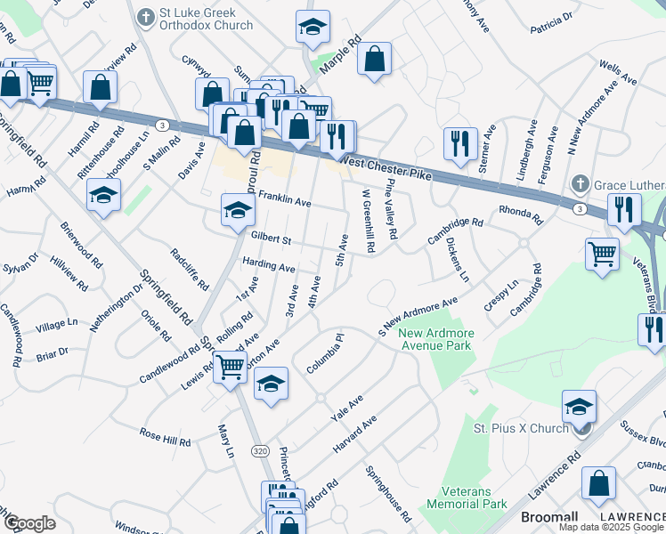 map of restaurants, bars, coffee shops, grocery stores, and more near 123 Morton Avenue in Broomall