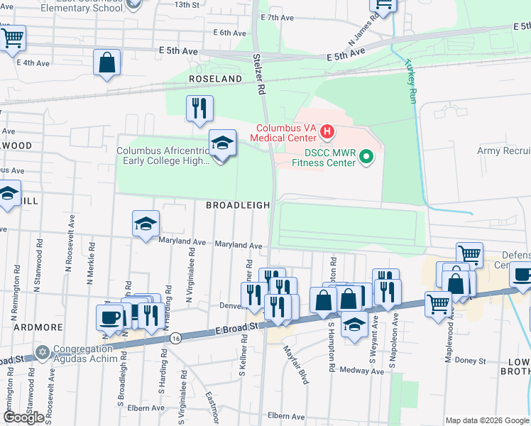map of restaurants, bars, coffee shops, grocery stores, and more near 212 North Kellner Road in Columbus
