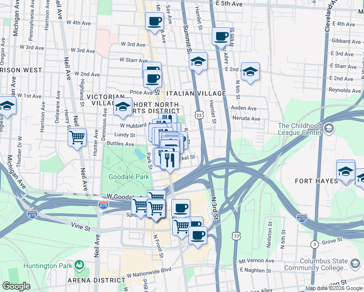 map of restaurants, bars, coffee shops, grocery stores, and more near 684 North Pearl Street in Columbus