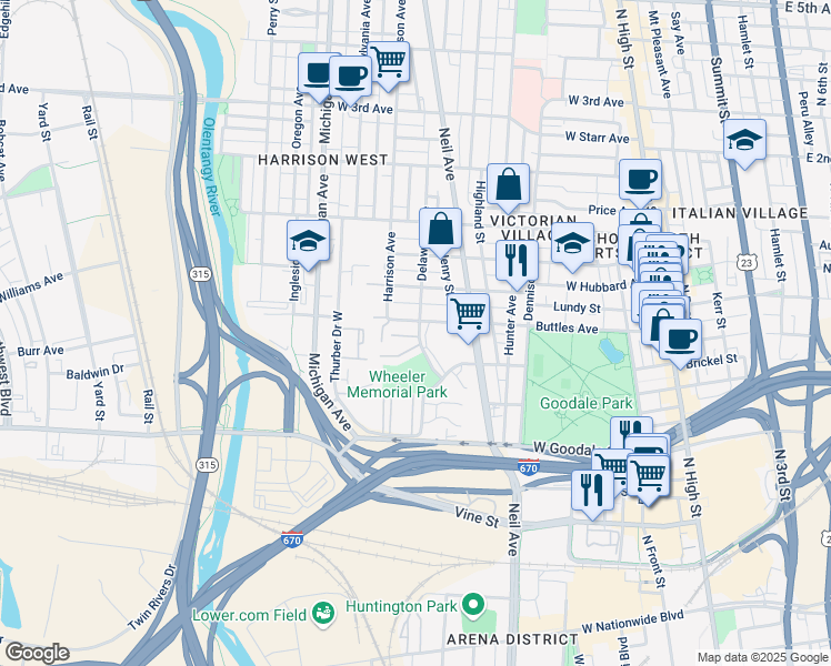 map of restaurants, bars, coffee shops, grocery stores, and more near 363 Alexandria Colony Street East in Columbus