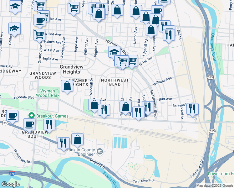 map of restaurants, bars, coffee shops, grocery stores, and more near 1121 Burr Avenue in Columbus