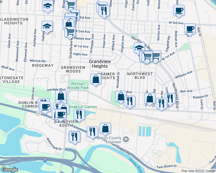 map of restaurants, bars, coffee shops, grocery stores, and more near 1350 Goodale Boulevard in Columbus