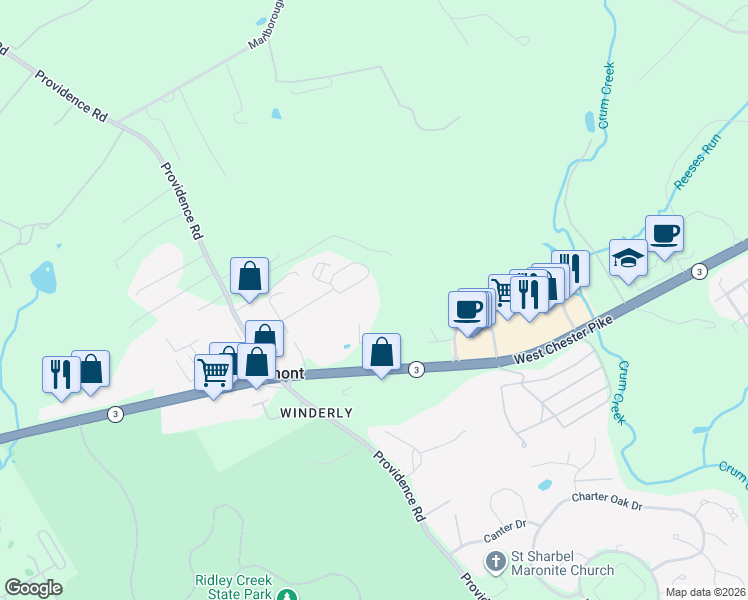 map of restaurants, bars, coffee shops, grocery stores, and more near 4949 West Chester Pike in Newtown Square