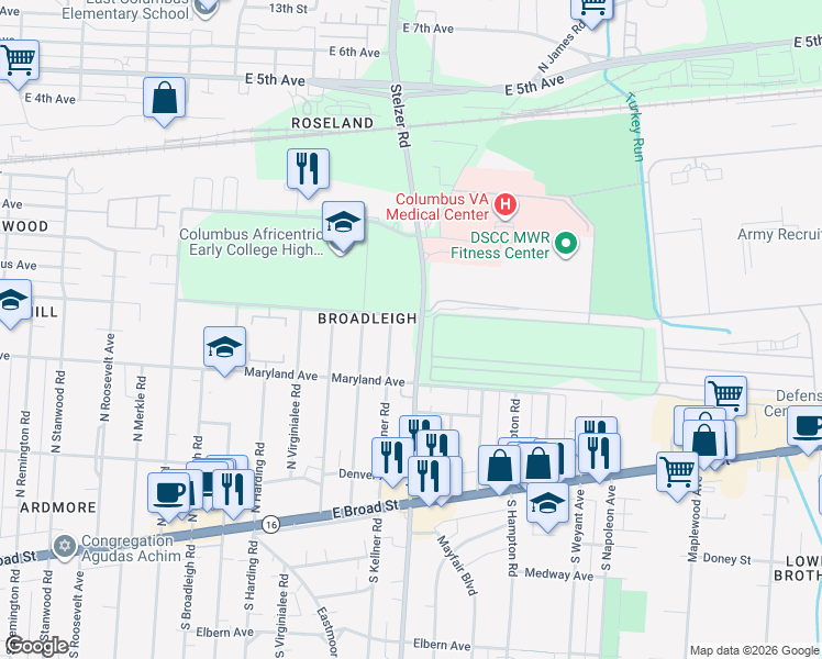 map of restaurants, bars, coffee shops, grocery stores, and more near 212 North Kellner Road in Columbus
