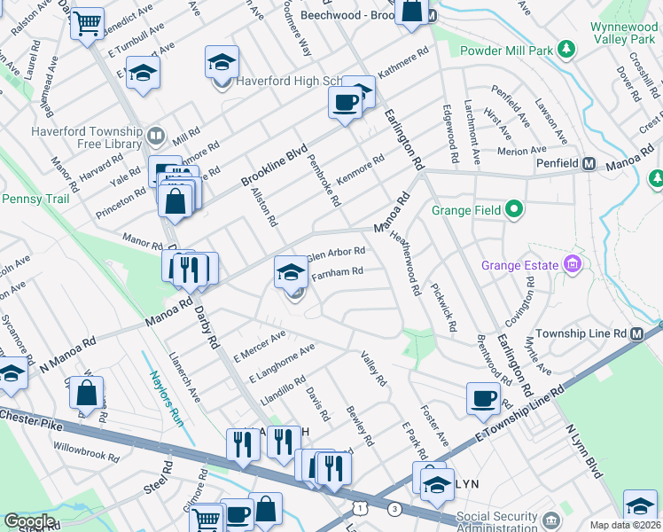 map of restaurants, bars, coffee shops, grocery stores, and more near 405 Allston Road in Havertown