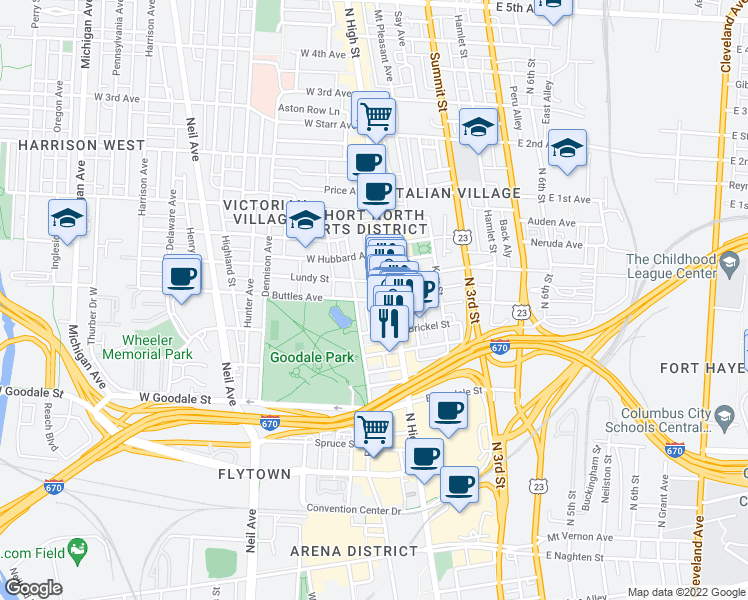 map of restaurants, bars, coffee shops, grocery stores, and more near Buttles Ave & N Wall St in Columbus