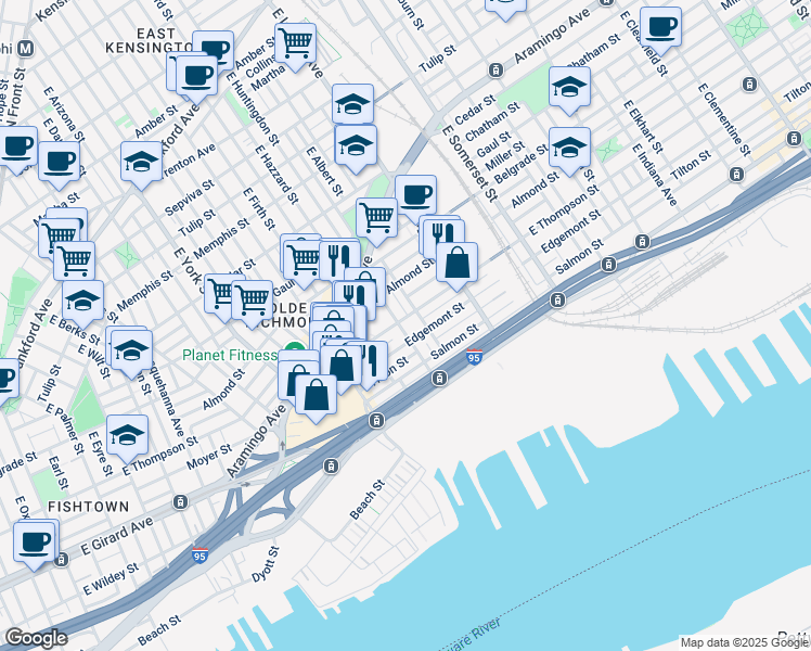 map of restaurants, bars, coffee shops, grocery stores, and more near 2643 East Huntingdon Street in Philadelphia