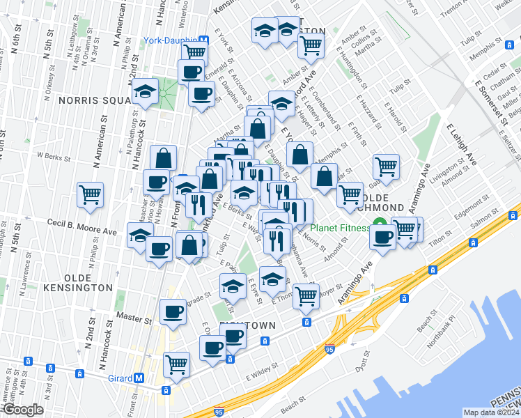 map of restaurants, bars, coffee shops, grocery stores, and more near 1857 Memphis Street in Philadelphia