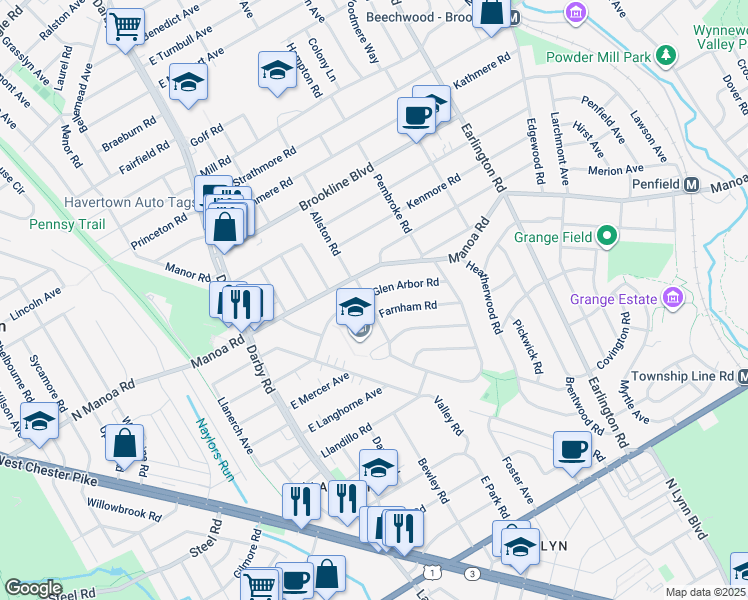 map of restaurants, bars, coffee shops, grocery stores, and more near 201 Glen Arbor Road in Havertown