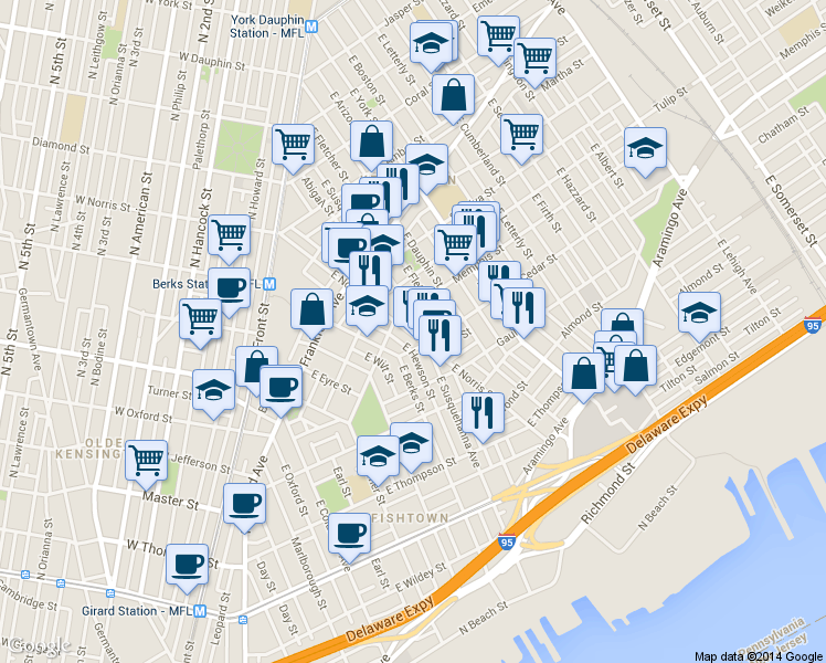 map of restaurants, bars, coffee shops, grocery stores, and more near 2347 East Norris Street in Philadelphia