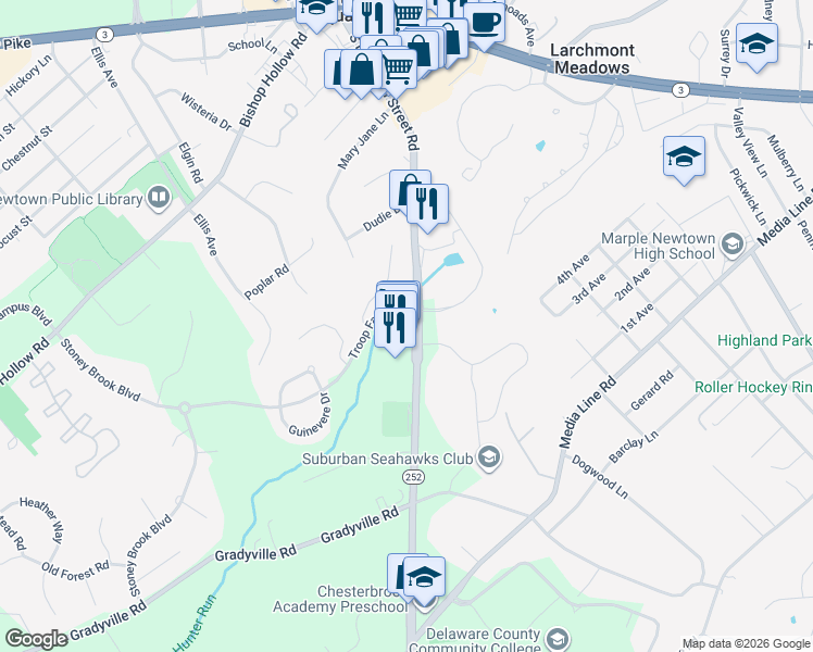 map of restaurants, bars, coffee shops, grocery stores, and more near 200 South Newtown Street Road in Newtown Square