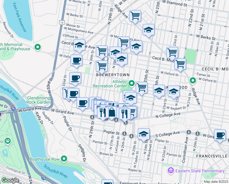 map of restaurants, bars, coffee shops, grocery stores, and more near 2722 Master Street in Philadelphia