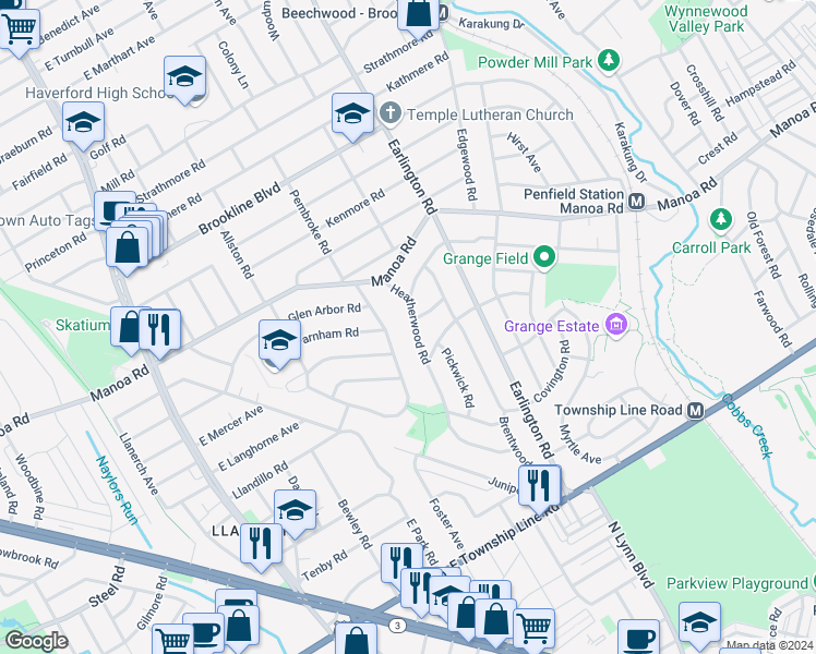 map of restaurants, bars, coffee shops, grocery stores, and more near 412 Heatherwood Road in Havertown