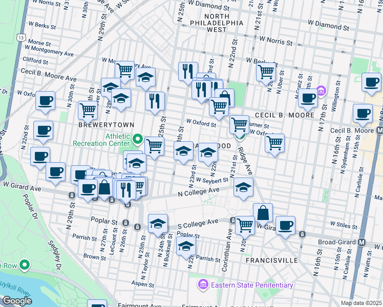 map of restaurants, bars, coffee shops, grocery stores, and more near 2329 Sharswood Street in Philadelphia